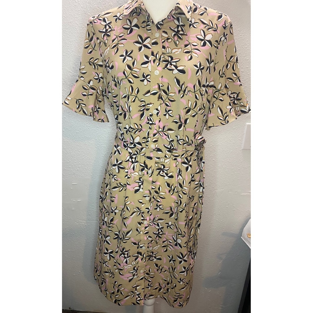 Banana Republic Floral Shirt Dress Women's 8 Tan Pink Ruffle Sleeve cottagecore